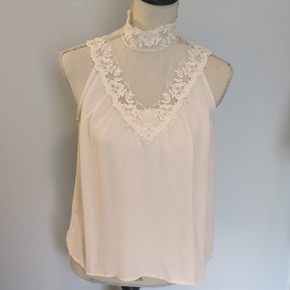 Forever 21 Lace Trim Mock Neck Sleeveless Blouse Cream XS